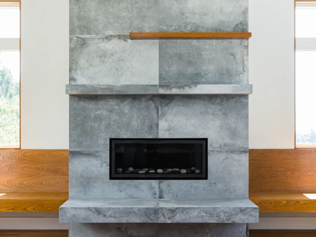 Minimalist concrete fireplace with wooden accents.