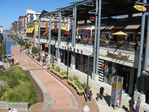 Outdoor shopping area with plenty of foot traffic.