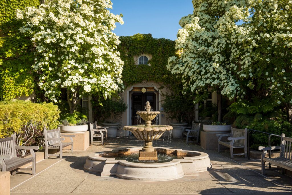 Fountain in a well-maintained public square.