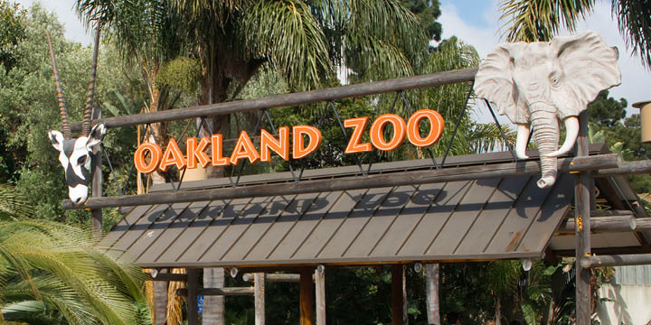 Oakland Zoo entrance sign with bright orange text.