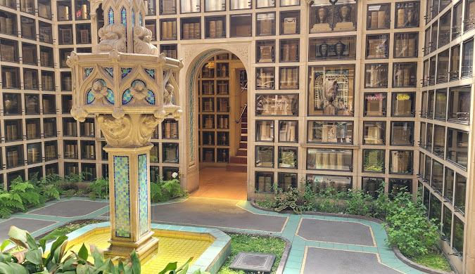 A detailed view of a library interior with bookshelves.