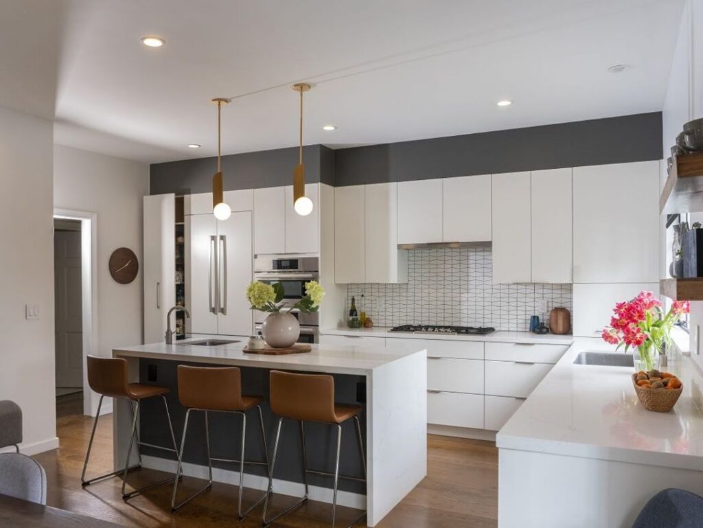Large white kitchen with island seating