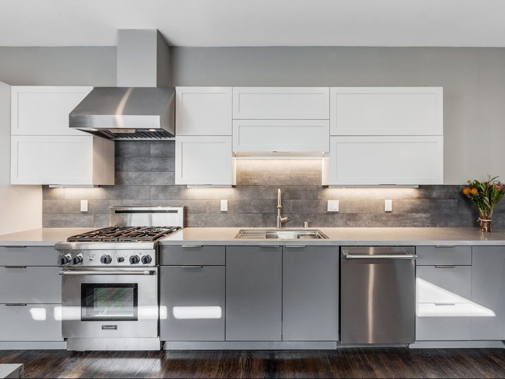 Modern stainless steel kitchen appliances area