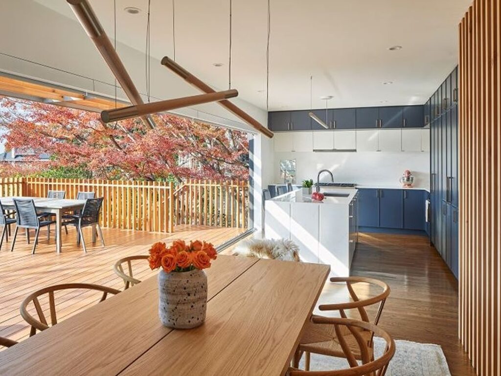 Dining table near deck with outside view