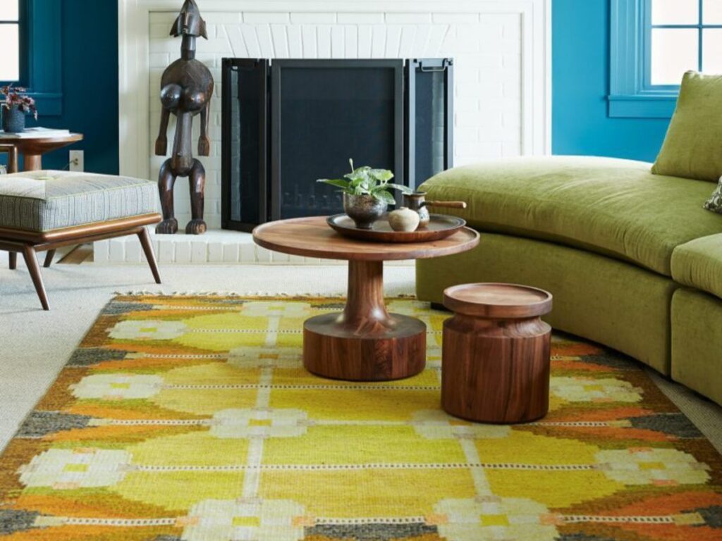 Living room with yellow patterned rug