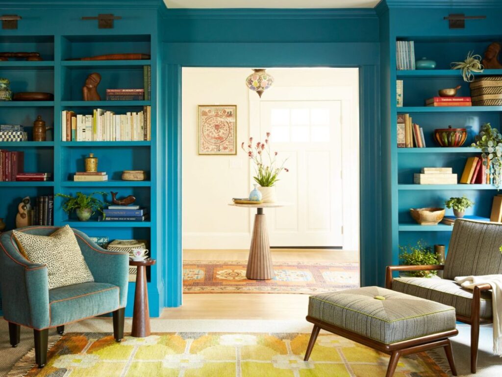 Colorful room with blue built-in shelves