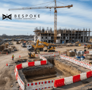 A construction site with various pieces of heavy machinery and safety barriers