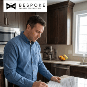 A professional reviewing a printed construction contract and insurance certificate on a kitchen counter.