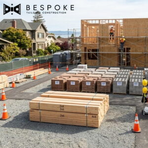 Construction site with organized lumber and bricks.