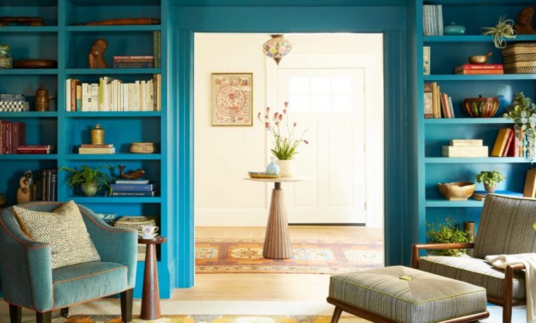 Colorful room with blue built-in shelves